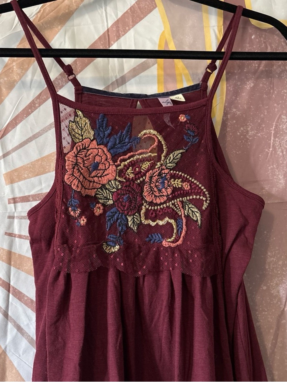 Alya Burgundy Midi Dress with Embroidered Floral Yoke